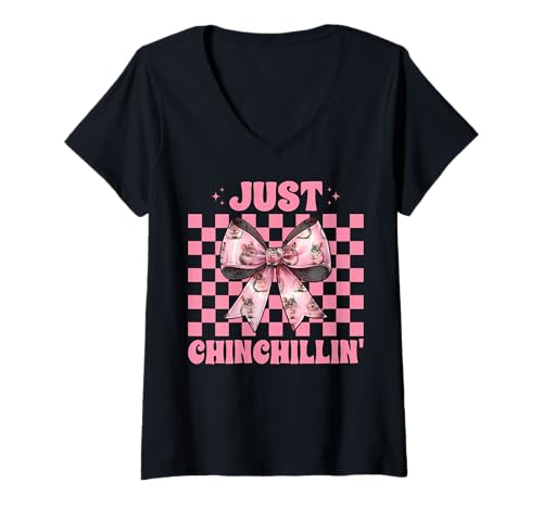 Damen Just Chinchillin' Lustige Chinchilla Pet Girl Mom Kokette Schleife T-Shirt mit V-Ausschnitt von Womens Pink Coquette Bow Chinchilla Pet Gifts