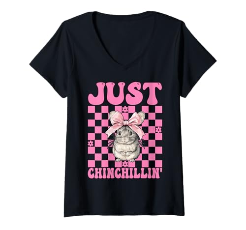 Damen Just Chinchillin' Lustige Chinchilla Pet Girl Mom Kokette Schleife T-Shirt mit V-Ausschnitt von Womens Pink Coquette Bow Chinchilla Pet Gifts
