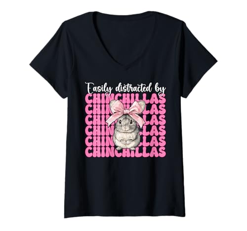 Damen Leicht abgelenkt von Chinchillas Chinchilla Pet Girl Mom T-Shirt mit V-Ausschnitt von Womens Pink Coquette Bow Chinchilla Pet Gifts
