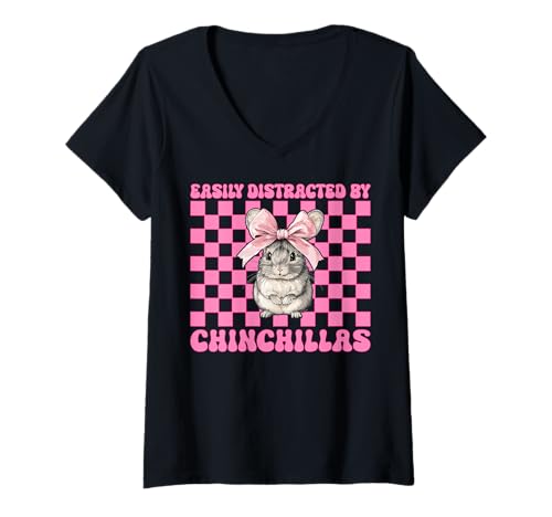 Damen Leicht abgelenkt von Chinchillas Chinchilla Pet Girl Mom T-Shirt mit V-Ausschnitt von Womens Pink Coquette Bow Chinchilla Pet Gifts