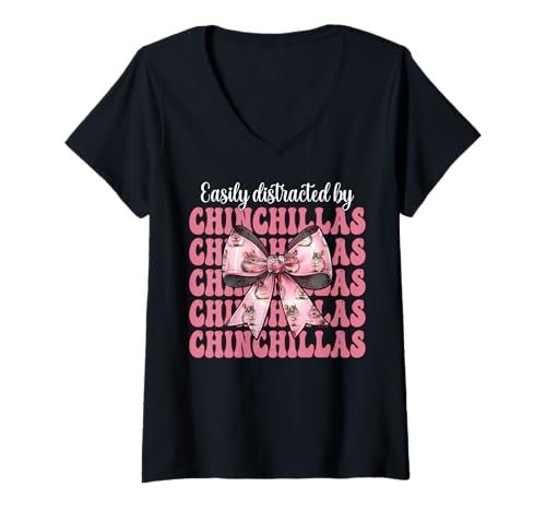 Damen Leicht abgelenkt von Chinchillas Chinchilla Pet Girl Mom T-Shirt mit V-Ausschnitt von Womens Pink Coquette Bow Chinchilla Pet Gifts