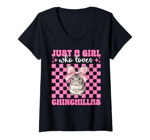 Damen Nur EIN Mädchen, das Chinchillas liebt Chinchilla Pet Coquette T-Shirt mit V-Ausschnitt von Womens Pink Coquette Bow Chinchilla Pet Gifts