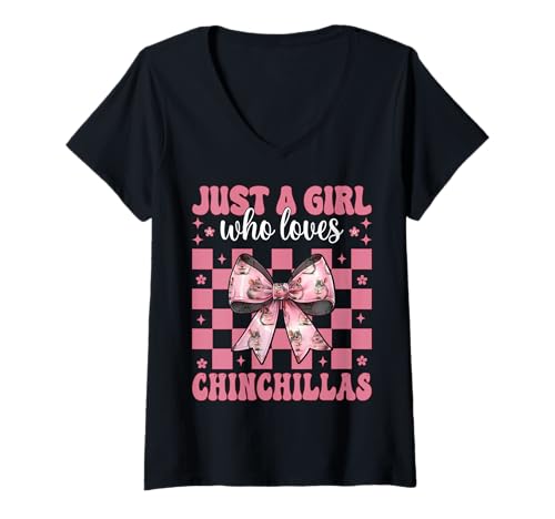 Damen Nur EIN Mädchen, das Chinchillas liebt Chinchilla Pet Coquette T-Shirt mit V-Ausschnitt von Womens Pink Coquette Bow Chinchilla Pet Gifts