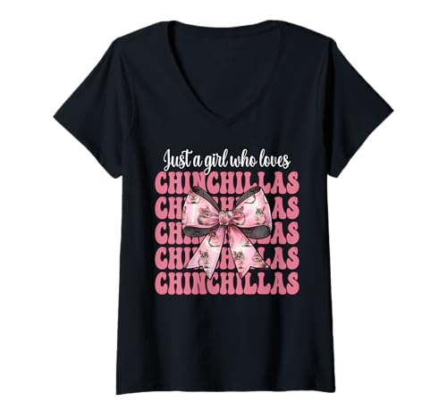 Damen Nur EIN Mädchen, das Chinchillas liebt Chinchilla Pet Coquette T-Shirt mit V-Ausschnitt von Womens Pink Coquette Bow Chinchilla Pet Gifts