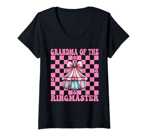 Damen Oma des Ringmeisters Nana Zirkus Karnevalszelt Kokette T-Shirt mit V-Ausschnitt von Womens Pink Coquette Bow Circus Carnival Gifts