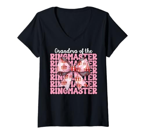 Damen Oma des Ringmeisters Nana Zirkus Karnevalszelt Kokette T-Shirt mit V-Ausschnitt von Womens Pink Coquette Bow Circus Carnival Gifts