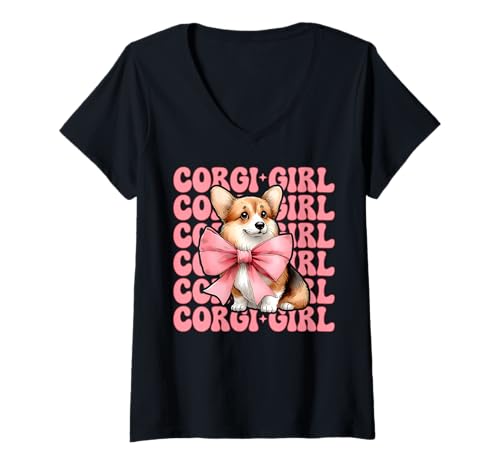 Damen Corgi Mädchen Hund Rosa Kokette Schleife T-Shirt mit V-Ausschnitt von Womens Pink Coquette Bow Corgi Dog Gifts
