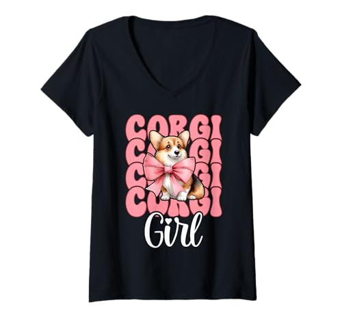 Damen Corgi Mädchen Hund Rosa Kokette Schleife T-Shirt mit V-Ausschnitt von Womens Pink Coquette Bow Corgi Dog Gifts
