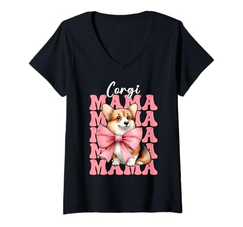 Damen Corgi Mama Corgi Mom Dog Muttertag Kokette Schleife T-Shirt mit V-Ausschnitt Damen Corgi Mama Corgi Mom Dog Muttertag Kokette Schleife T-Shirt mit V-Ausschnitt von Womens Pink Coquette Bow Corgi Dog Gifts