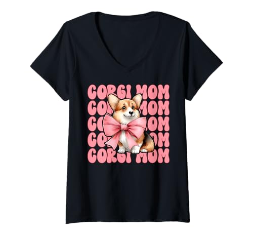 Damen Corgi Mom Corgi Mama Hund Muttertag Kokette Schleife T-Shirt mit V-Ausschnitt Damen Corgi Mom Corgi Mama Hund Muttertag Kokette Schleife T-Shirt mit V-Ausschnitt von Womens Pink Coquette Bow Corgi Dog Gifts