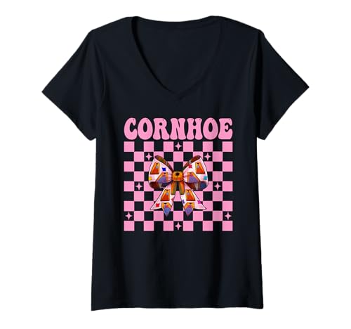 Damen Cornhoe Cornhole Player Sitzsack Mädchen Rosa Kokette Schleife T-Shirt mit V-Ausschnitt von Womens Pink Coquette Bow Cornhole Player Gifts