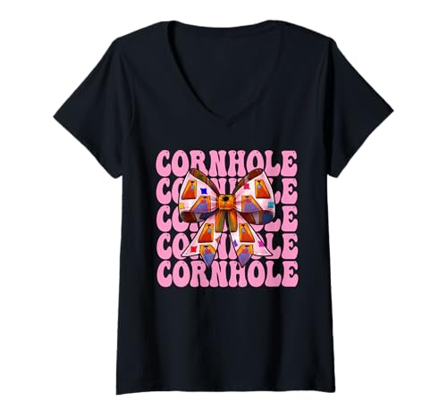 Damen Cornhole Player Sitzsack Girl Mom Pink Coquette Bow T-Shirt mit V-Ausschnitt von Womens Pink Coquette Bow Cornhole Player Gifts