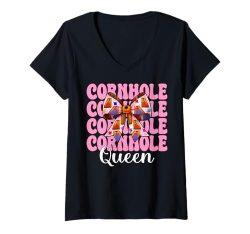 Damen Cornhole Queen Cornhole Player Sitzsack Mädchen Mama Kokette T-Shirt mit V-Ausschnitt von Womens Pink Coquette Bow Cornhole Player Gifts