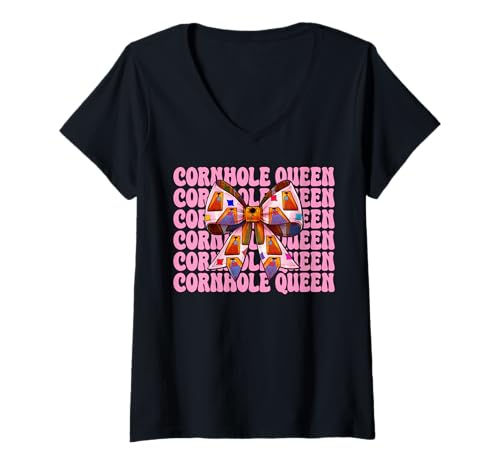 Damen Cornhole Queen Cornhole Player Sitzsack Mädchen Mama Kokette T-Shirt mit V-Ausschnitt von Womens Pink Coquette Bow Cornhole Player Gifts