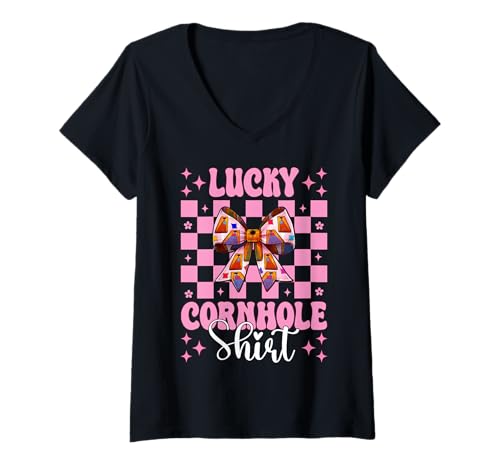 Damen Lucky Cornhole Shirt Cornhole Player Sitzsack Mädchen Mama T-Shirt mit V-Ausschnitt von Womens Pink Coquette Bow Cornhole Player Gifts