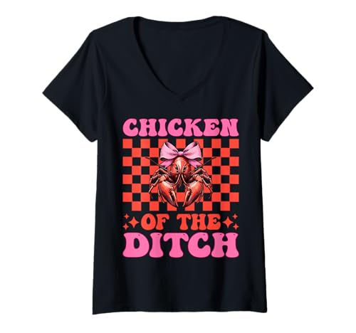 Damen Chicken of The Ditch Languste Crayfish Girl Mama Coquette Bow T-Shirt mit V-Ausschnitt von Womens Pink Coquette Bow Crawfish Crayfish Gifts