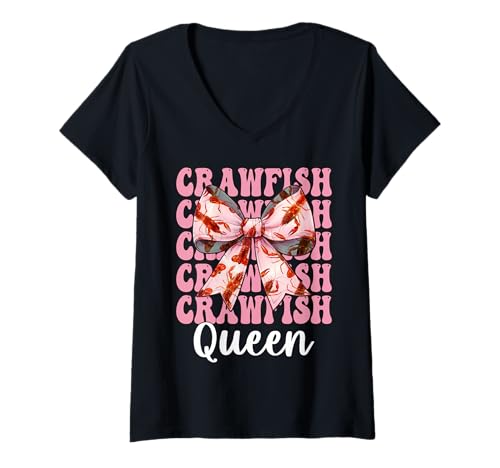 Damen Crawfish Queen Crayfish Girl Mom Kokettenschleife, rosa T-Shirt mit V-Ausschnitt von Womens Pink Coquette Bow Crawfish Crayfish Gifts