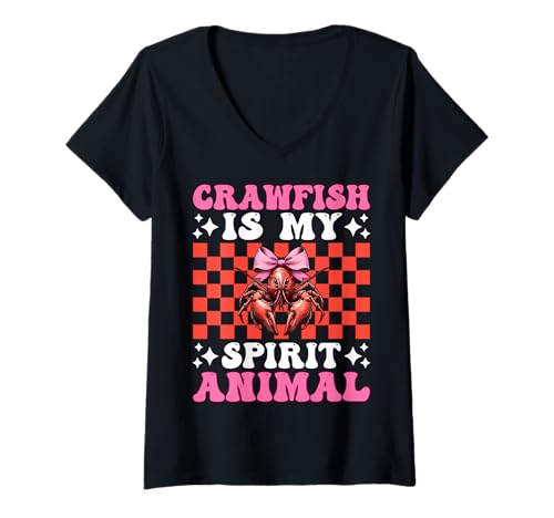 Damen Crawfish is My Spirit Tierkrebse Mädchen Mama Kokette Schleife T-Shirt mit V-Ausschnitt von Womens Pink Coquette Bow Crawfish Crayfish Gifts
