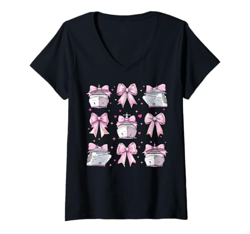 Damen Kreuzfahrt, Urlaub, Mädchen, Coquette Bow, Mama, Mama T-Shirt mit V-Ausschnitt von Womens Pink Coquette Bow Cruising Cruise Gifts
