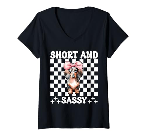 Damen Dackel Doxie Dackel Girl Mom Coquette Short and Sassy T-Shirt mit V-Ausschnitt von Womens Pink Coquette Bow Dachshund Dog Gifts