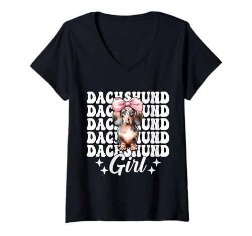 Damen Dackel Girl Doxie Rosa Kokette Schleife T-Shirt mit V-Ausschnitt Damen Dackel Girl Doxie Rosa Kokette Schleife T-Shirt mit V-Ausschnitt von Womens Pink Coquette Bow Dachshund Dog Gifts