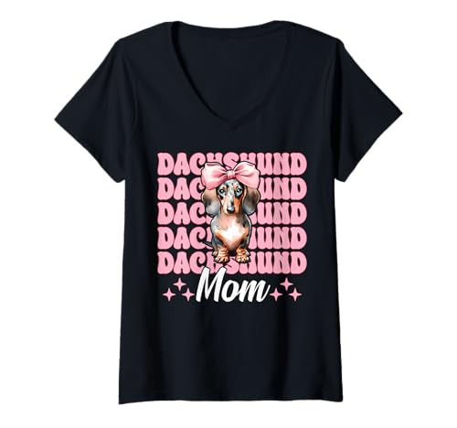 Damen Dackel Mama Dackel Mama Doxie Muttertag Kokette Schleife T-Shirt mit V-Ausschnitt von Womens Pink Coquette Bow Dachshund Dog Gifts