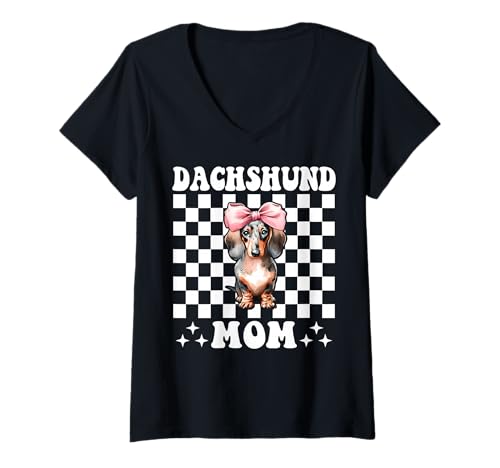 Damen Dackel Mama Dackel Mama Doxie Muttertag Kokette Schleife T-Shirt mit V-Ausschnitt Damen Dackel Mama Dackel Mama Doxie Muttertag Kokette Schleife T-Shirt mit V-Ausschnitt von Womens Pink Coquette Bow Dachshund Dog Gifts