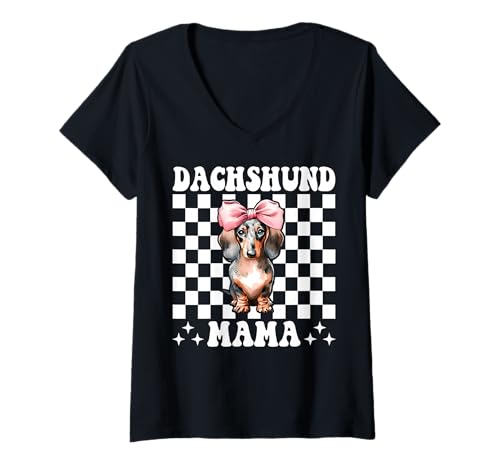 Damen Dackel Mama Dackel Mama Doxie Muttertag Kokette Schleife T-Shirt mit V-Ausschnitt Damen Dackel Mama Dackel Mama Doxie Muttertag Kokette Schleife T-Shirt mit V-Ausschnitt von Womens Pink Coquette Bow Dachshund Dog Gifts