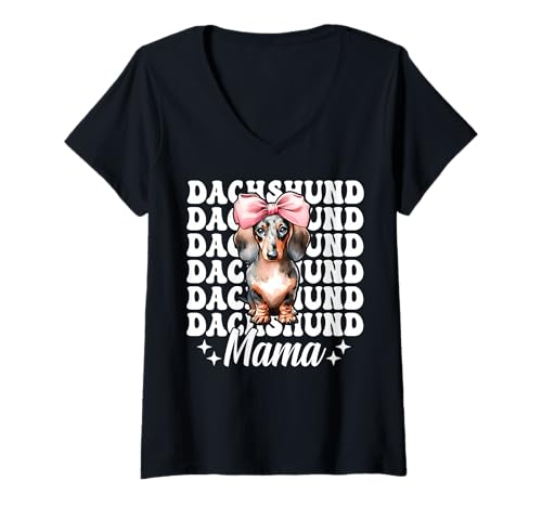 Damen Dackel Mama Dackel Mama Doxie Muttertag Kokette Schleife T-Shirt mit V-Ausschnitt von Womens Pink Coquette Bow Dachshund Dog Gifts