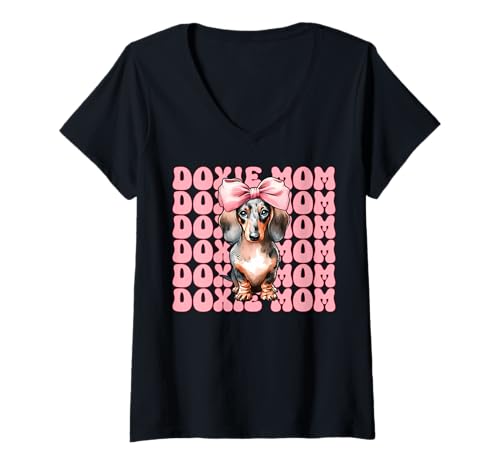 Damen Doxie Mom Dackel Mama Hund Muttertag Kokette Schleife T-Shirt mit V-Ausschnitt Damen Doxie Mom Dackel Mama Hund Muttertag Kokette Schleife T-Shirt mit V-Ausschnitt von Womens Pink Coquette Bow Dachshund Dog Gifts