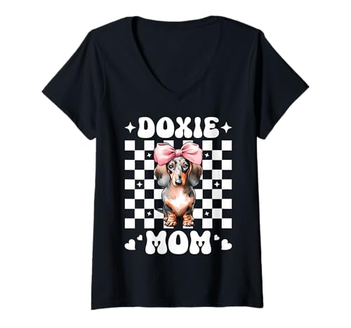 Damen Doxie Mom Dackel Mama Hund Muttertag Kokette Schleife T-Shirt mit V-Ausschnitt von Womens Pink Coquette Bow Dachshund Dog Gifts