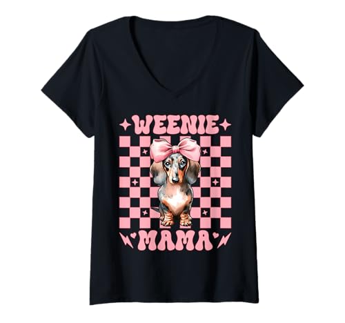 Damen Weenie Mama Dackel Mom Doxie Muttertag Kokette Schleife T-Shirt mit V-Ausschnitt Damen Weenie Mama Dackel Mom Doxie Muttertag Kokette Schleife T-Shirt mit V-Ausschnitt von Womens Pink Coquette Bow Dachshund Dog Gifts