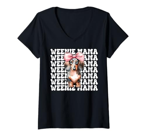 Damen Weenie Mama Dackel Mom Doxie Muttertag Kokette Schleife T-Shirt mit V-Ausschnitt Damen Weenie Mama Dackel Mom Doxie Muttertag Kokette Schleife T-Shirt mit V-Ausschnitt von Womens Pink Coquette Bow Dachshund Dog Gifts