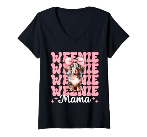 Damen Weenie Mama Dackel Mom Doxie Muttertag Kokette Schleife T-Shirt mit V-Ausschnitt von Womens Pink Coquette Bow Dachshund Dog Gifts