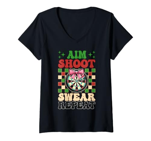 Damen Darts Dartscheibe Dart Girl Mom Coquette Aim Miss Swear Repeat T-Shirt mit V-Ausschnitt von Womens Pink Coquette Bow Darts Dartboard Gifts