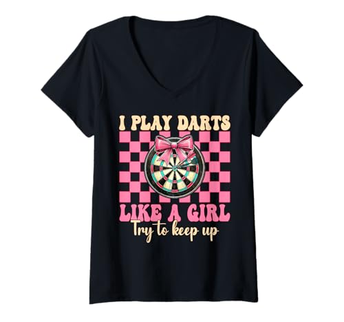 Damen I Play Darts Like A Girl Dartscheibe Coquette Bow T-Shirt mit V-Ausschnitt Damen I Play Darts Like A Girl Dartscheibe Coquette Bow T-Shirt mit V-Ausschnitt von Womens Pink Coquette Bow Darts Dartboard Gifts