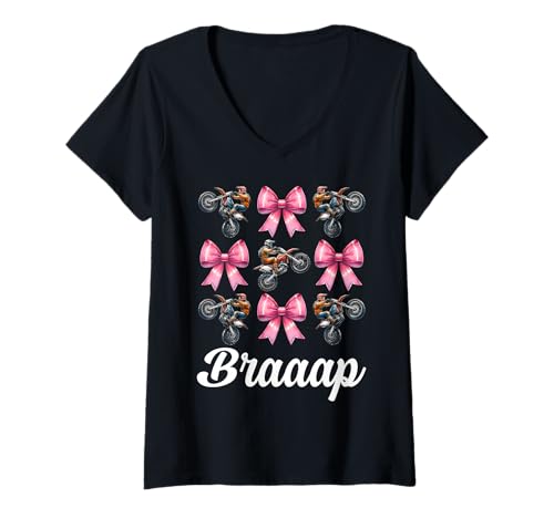 Damen Braaap Dirtbike Mädchen Motocross Dirt Biking Mom Coquette Bow T-Shirt mit V-Ausschnitt von Womens Pink Coquette Bow Dirt Bike Motocross Gifts