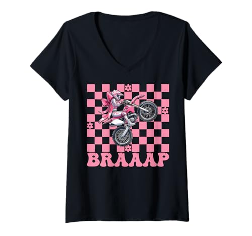 Damen Braaap Dirtbike Mädchen Motocross Dirt Biking Mom Coquette Bow T-Shirt mit V-Ausschnitt von Womens Pink Coquette Bow Dirt Bike Motocross Gifts