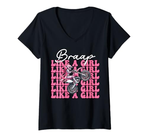 Damen Dirt Bike Girl Motocross Dirt Biking Braap Wie EIN Mädchen T-Shirt mit V-Ausschnitt von Womens Pink Coquette Bow Dirt Bike Motocross Gifts