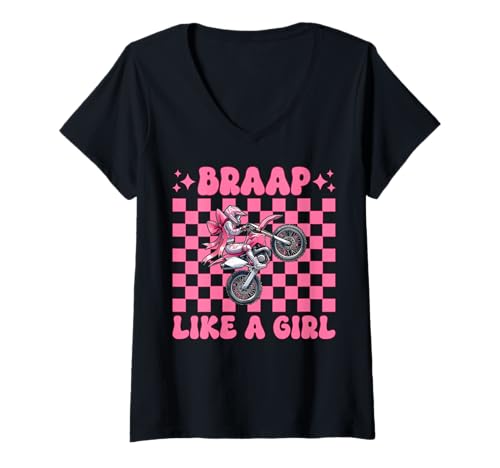 Damen Dirt Bike Girl Motocross Dirt Biking Braap Wie EIN Mädchen T-Shirt mit V-Ausschnitt von Womens Pink Coquette Bow Dirt Bike Motocross Gifts