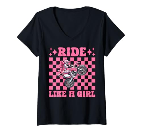 Damen Dirt Bike Girl Motocross Dirtbike-Fahrt wie EIN Mädchen T-Shirt mit V-Ausschnitt von Womens Pink Coquette Bow Dirt Bike Motocross Gifts