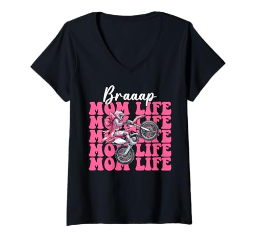 Damen Dirt Bike Mom Dirt Biking Muttertag Braaap Mom Life T-Shirt mit V-Ausschnitt von Womens Pink Coquette Bow Dirt Bike Motocross Gifts