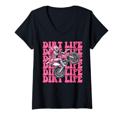 Damen Dirt Life Dirt Bike für Mädchen, Motocross, Dirtbike, Mama, Kokette T-Shirt mit V-Ausschnitt von Womens Pink Coquette Bow Dirt Bike Motocross Gifts