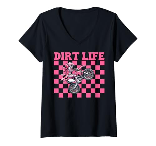 Damen Dirt Life Dirt Bike für Mädchen, Motocross, Dirtbike, Mama, Kokette T-Shirt mit V-Ausschnitt von Womens Pink Coquette Bow Dirt Bike Motocross Gifts