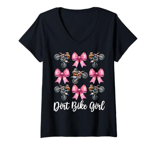 Damen Dirtbike für Mädchen, Motocross, Dirtbike, Coquette Bow T-Shirt mit V-Ausschnitt von Womens Pink Coquette Bow Dirt Bike Motocross Gifts