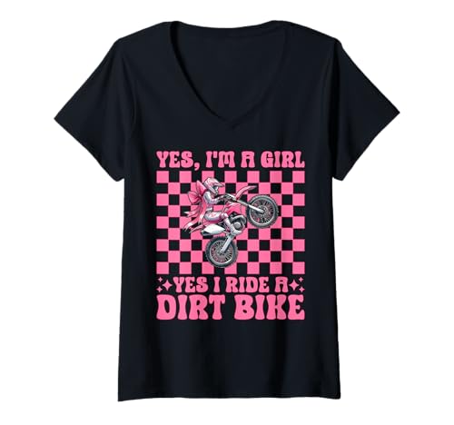 Damen Ich Bin EIN Mädchen Ja, ich fahre EIN Dirtbike Motocross Dirt Biking T-Shirt mit V-Ausschnitt von Womens Pink Coquette Bow Dirt Bike Motocross Gifts