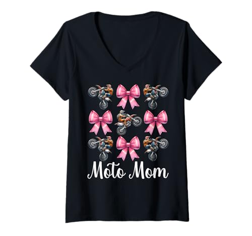 Damen Moto Mom Dirt Bike Mom Motocross Dirt Biking Muttertag T-Shirt mit V-Ausschnitt von Womens Pink Coquette Bow Dirt Bike Motocross Gifts