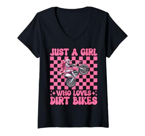 Damen Nur EIN Mädchen, das Dirt Bikes liebt Dirt Bike Girl Dirt Biken T-Shirt mit V-Ausschnitt von Womens Pink Coquette Bow Dirt Bike Motocross Gifts