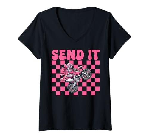 Damen Send It Dirt Bike Coquette Bow für Mädchen, Motocross, Dirtbike T-Shirt mit V-Ausschnitt von Womens Pink Coquette Bow Dirt Bike Motocross Gifts