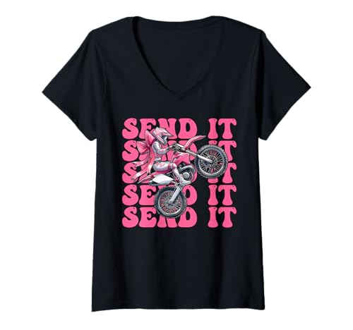 Damen Send It Dirt Bike Coquette Bow für Mädchen, Motocross, Dirtbike T-Shirt mit V-Ausschnitt Damen Send It Dirt Bike Coquette Bow für Mädchen, Motocross, Dirtbike T-Shirt mit V-Ausschnitt von Womens Pink Coquette Bow Dirt Bike Motocross Gifts
